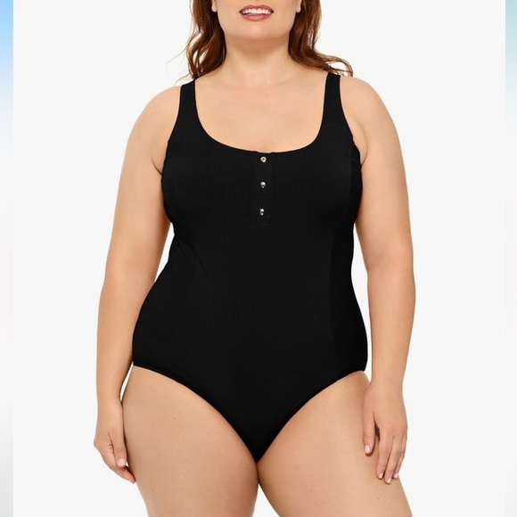 NWT Christina Blue - One-Piece Black Ribbed Bathing Suit Gold Faux Buttons, 24W - Picture 2 of 9